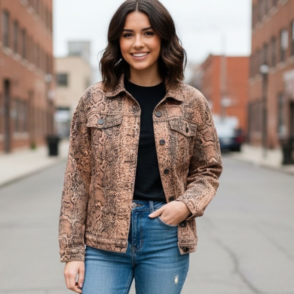 Free People Jacket Women's Medium Brown Black Denim Trucker Snake Skin Collared